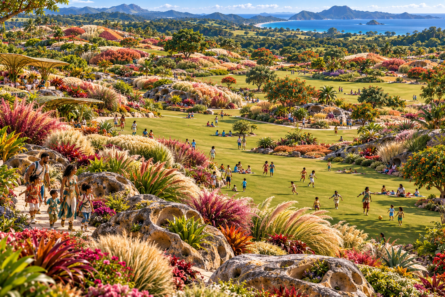 A vibrant, tropical landscape with families and children walking and playing on grassy hills, surrounded by colorful plants and rocks, with a distant ocean and mountains