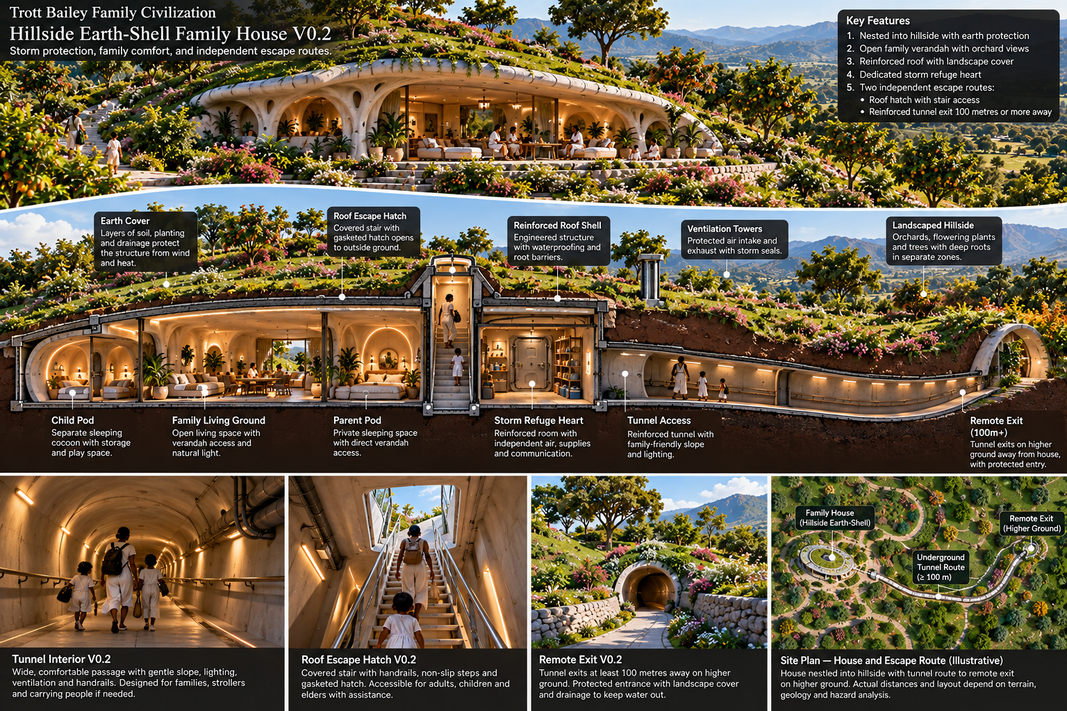 An infographic illustrating the "Trott Bailey Family Civilization Hillside Earth-Shell Family House V0.2," showing a cross-section of an underground home with living spaces, escape routes, and a site plan