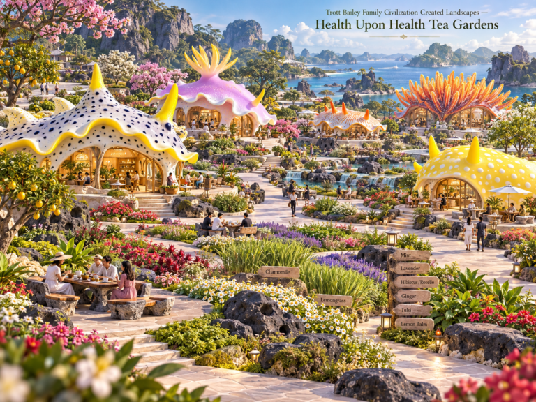 A vibrant tea garden with unique, colorful, sea-slug-shaped buildings, waterfalls, and people enjoying outdoor seating, set against a backdrop of rocky islands and a blue ocean