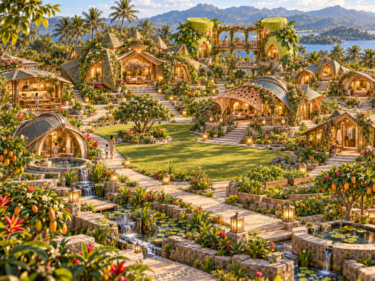 An elaborate tropical resort with many glass-domed bungalows, lush gardens, waterfalls, and a woman and child walking on a path