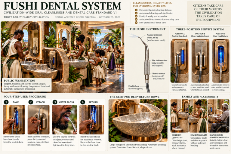 An infographic for the Fushi Dental System, showing people using dental stations, close-ups of the instrument and its components, and a four-step user procedure