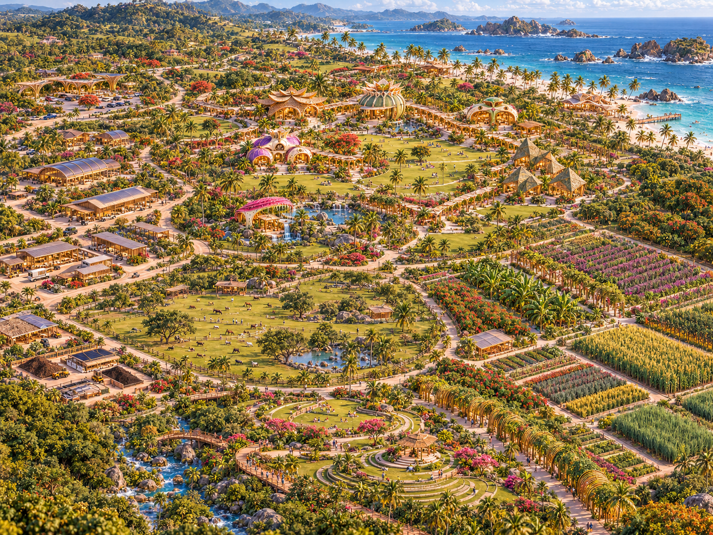 An aerial view of a sprawling resort with ornate buildings, lush green lawns, palm trees, cultivated fields, and a beach with blue ocean and rocky islands