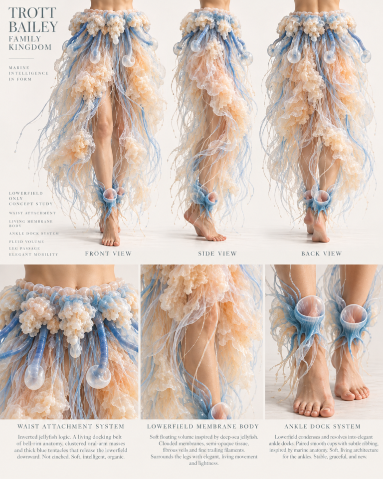 Three views of a person wearing a jellyfish-inspired skirt and ankle cuffs made of translucent peach and blue materials, with text “TROTT BAILEY FAMILY KINGDOM MARINE INTELLIGENCE IN FORM