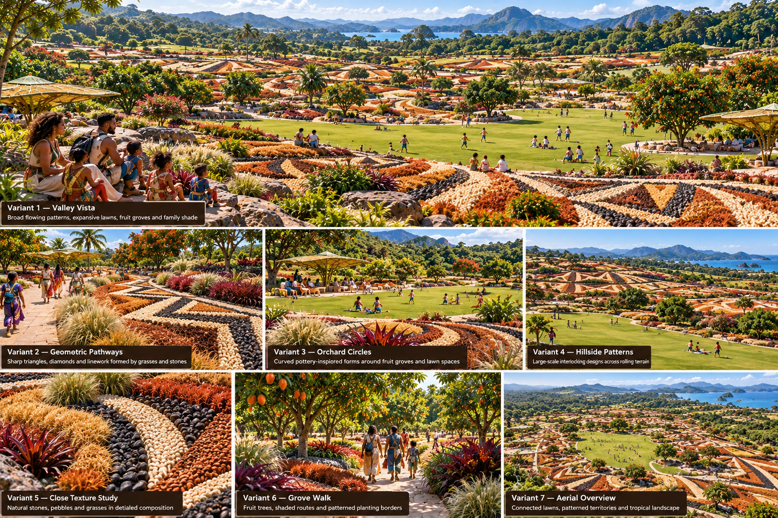 A collage of seven images showing different views of a large, lush tropical garden with patterned ground coverings, trees, and people