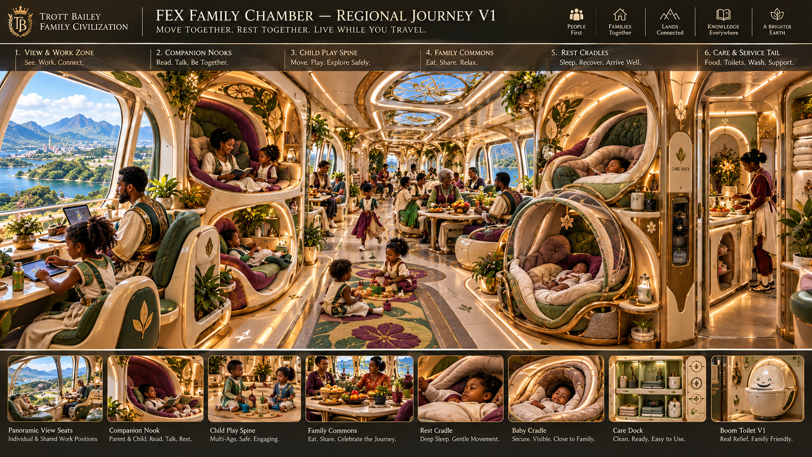 A futuristic train interior with families engaging in various activities like working, reading, playing, eating, and resting in different zones, with a panoramic view of a city and lake outside