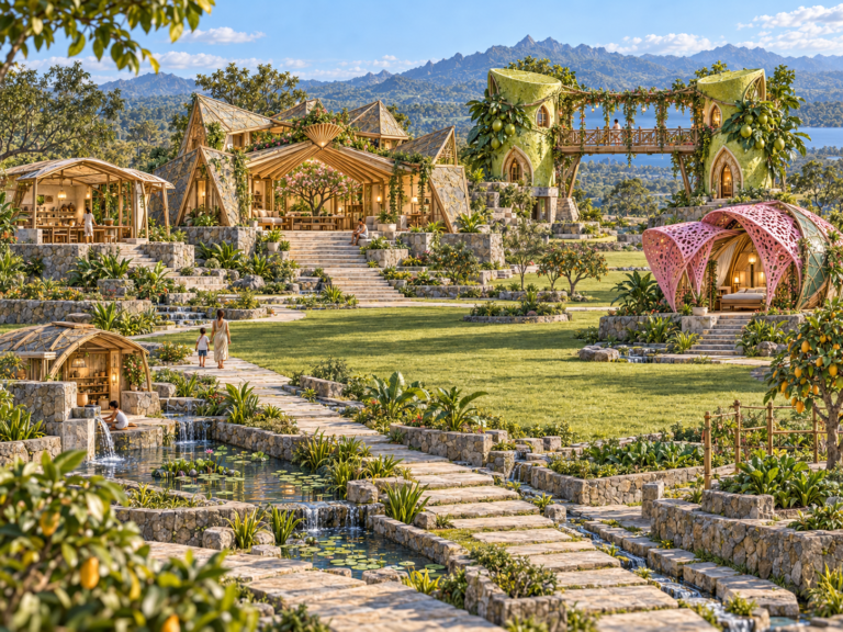 A lush, terraced landscape with a woman and child walking on a stone path, leading to several unique, nature-inspired buildings and water features