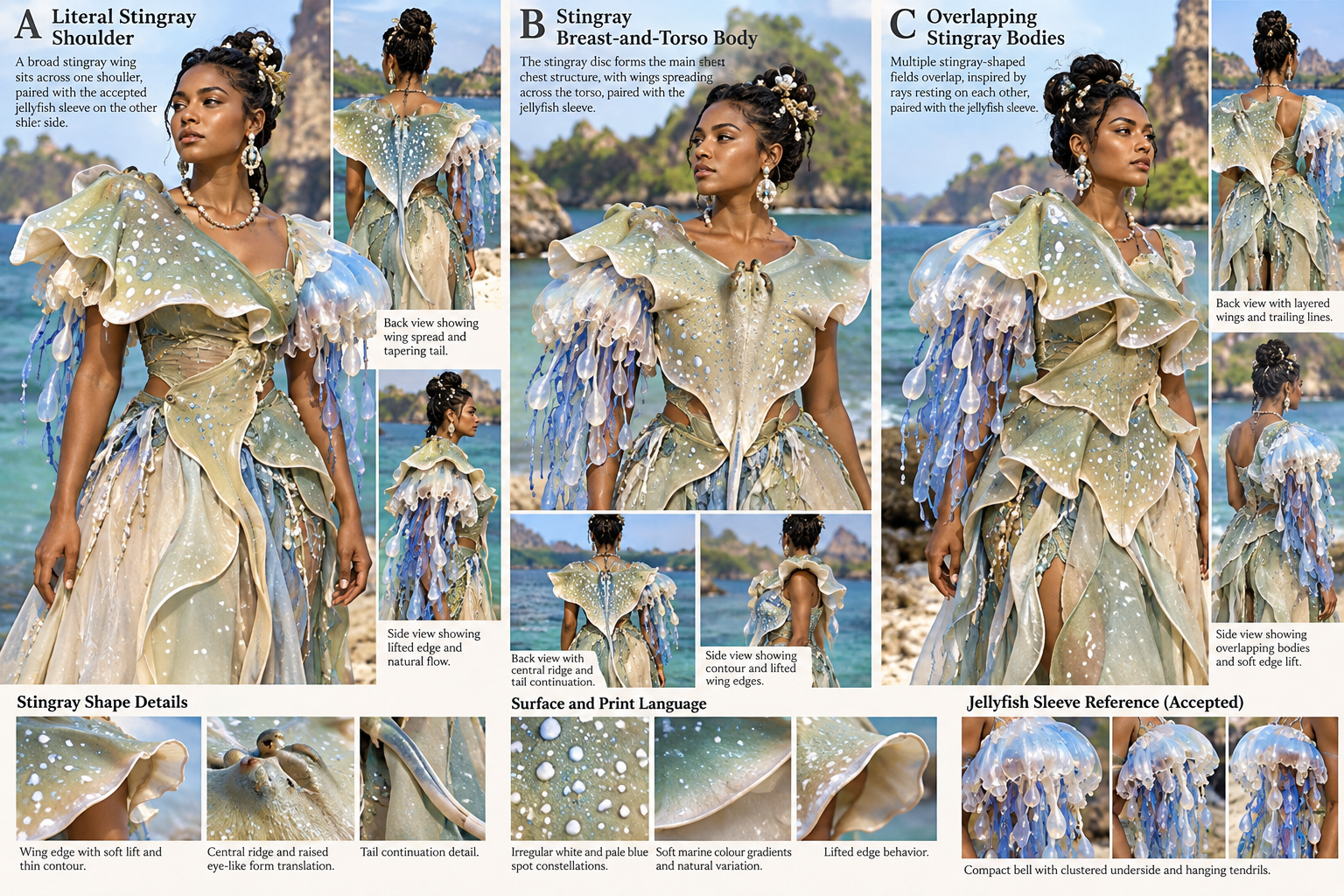 A collage of images showcasing three different stingray-inspired dress designs worn by a woman on a beach, with close-ups of fabric details and jellyfish-like sleeves
