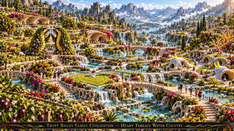 A vibrant, multi-tiered garden with waterfalls, bridges, and heart-shaped lawns, populated by many small people, with mountains and a lake in the background