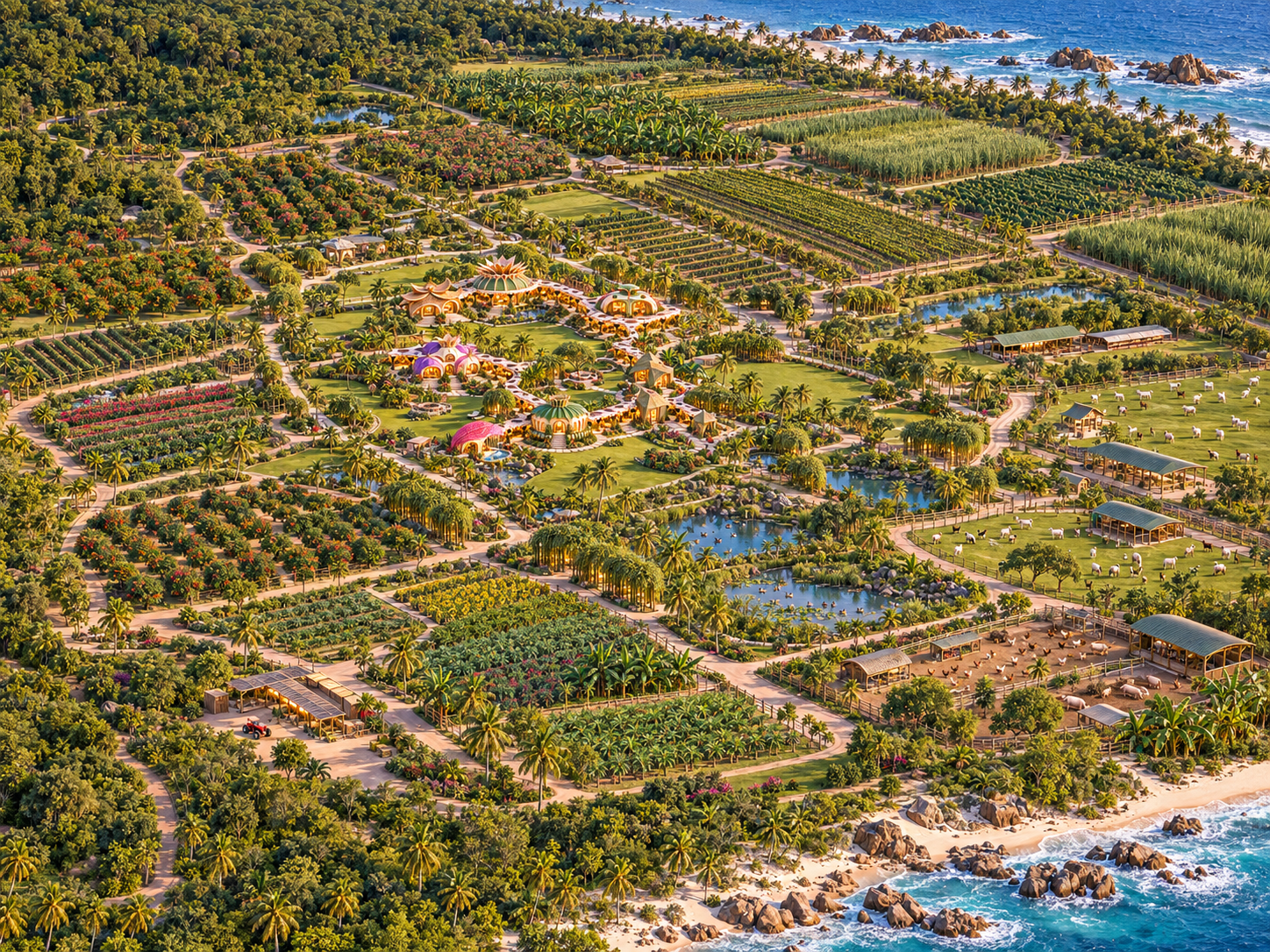 An aerial view of a large coastal farm with fields of crops, orchards, livestock pastures, ponds, and a cluster of colorful buildings, bordered by a sandy beach and ocean