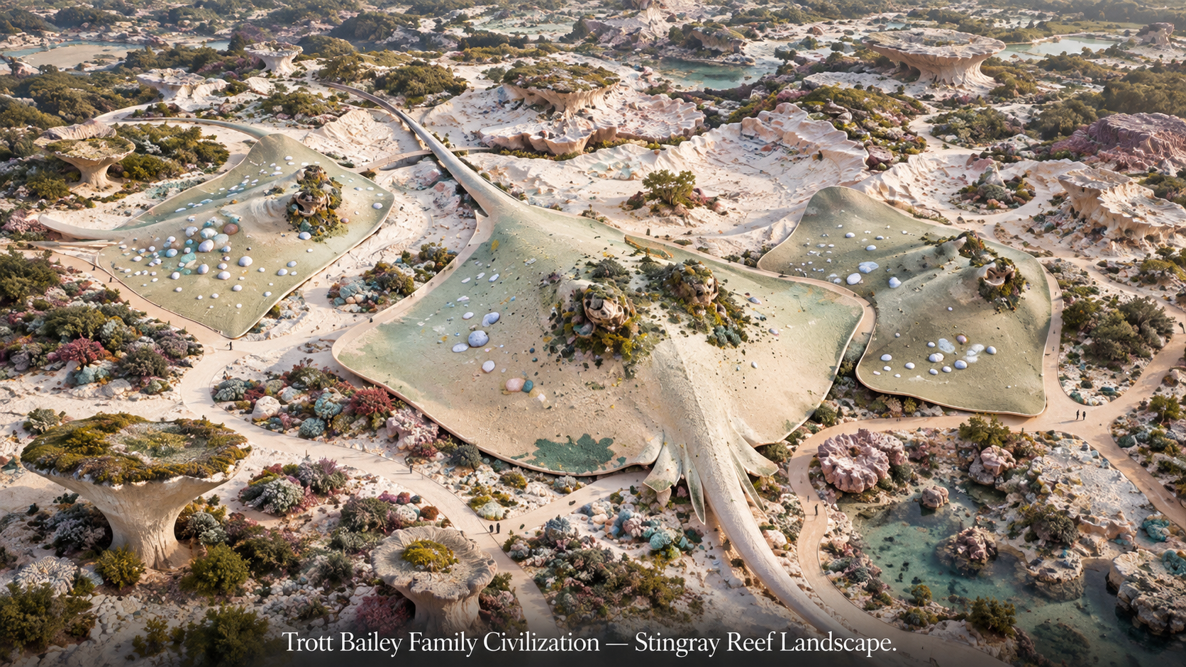 An aerial view of a futuristic landscape with three stingray-shaped buildings, winding paths, and coral-like rock formations
