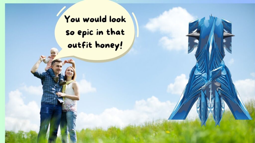 A family spotted one of Sher's Design at the Kingdom. Muscular Husband and Dad High Luxury fashion design for men with wonderful gradient, use of fabric and print by the World Number One Fashion Designer Sher Trott Bailey