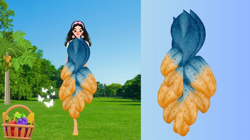 Multi-Layered Fashion. Dual color dress design paired with Stunning Shoe Design with wonderful gradient, use of fabric and print by the Greatest Fashion Designer Sher Trott Bailey