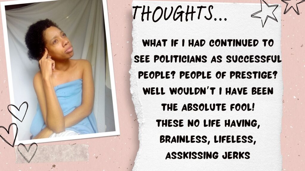 What if i had continued to see politicians as successful people? People of prestige? Well wouldn’t i have been the absolute fool! These no life having, brainless, lifeless, asskissing jerks