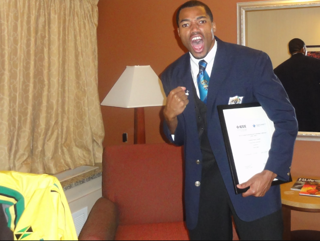 Enigmatic Kimroy Bailey after receiving the 2nd place award in the IEEE Global Research Competition for his Tropical Storm Robotic Wind Turbine innovation.