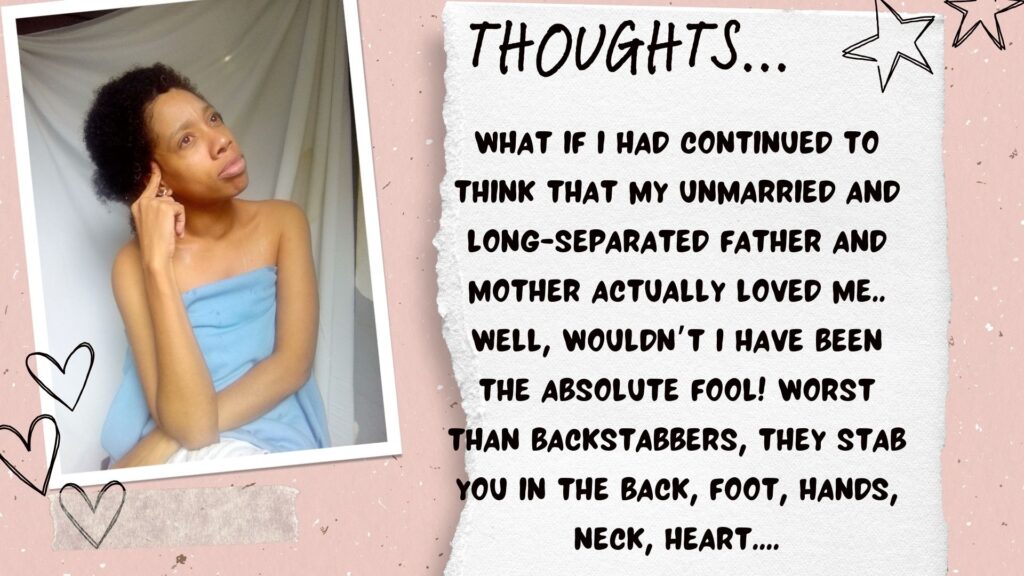 World Ruler Sher Trott Bailey speaks she expresses her views on countries, government, isreal, palistine. health and the earth (15). What if I had continued to think that my unmarried and long-separated father and mother actually loved me..  Well, wouldn’t I have been the absolute fool! worst than backstabbers, they stab you in the back, foot, hands, neck, heart....
